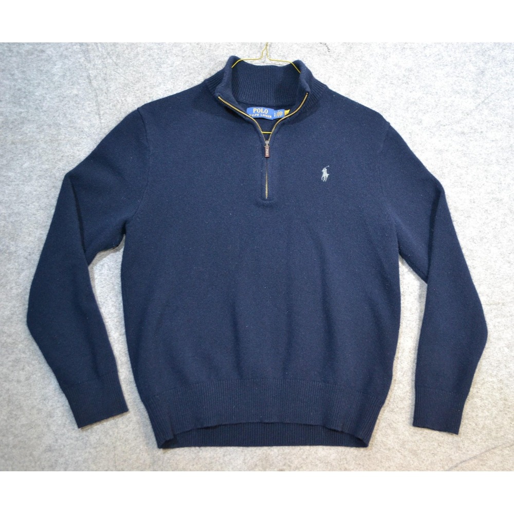 Polo Ralph Lauren Sweater Mens L Blue Pure Wool 1/4 Zip Mock Neck Pullover Logo